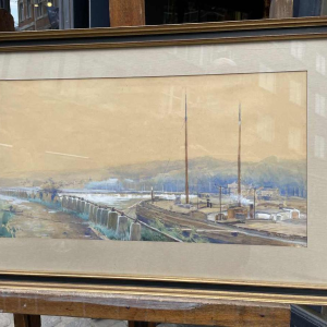 Renée PRINZ (1883-1973) Quai de Meuse avec péniche panoramische aquarel