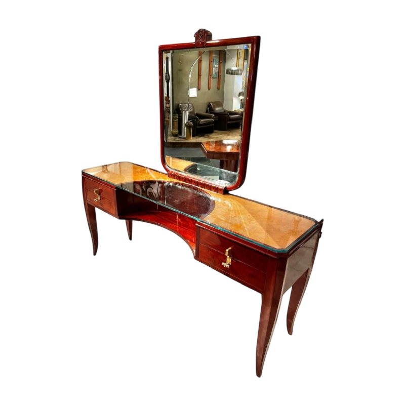 Charles Van Beerleire, meuble coiffeuse ou console de style Art Deco en acajou, érable moucheté et bronze, ca 1935