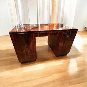 Art Deco double-sided desk, stamp-polished Macassar ebony, France ca 1925