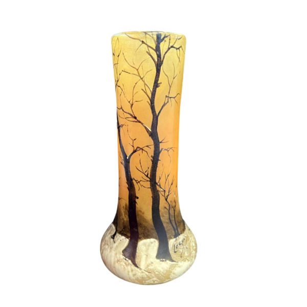 Legras, vase à décor de paysage hivernal sur fond orange nuancé, ca 1900