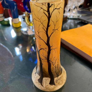 Legras, vase decorated with a winter landscape on a shaded orange background, ca 1900