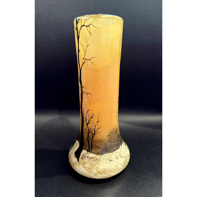 Legras, vase decorated with a winter landscape on a shaded orange background, ca 1900