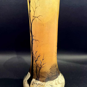 Legras, vase decorated with a winter landscape on a shaded orange background, ca 1900