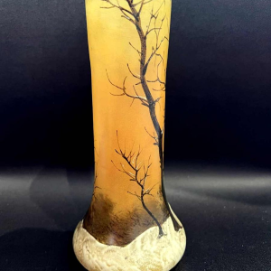 Legras, vase decorated with a winter landscape on a shaded orange background, ca 1900