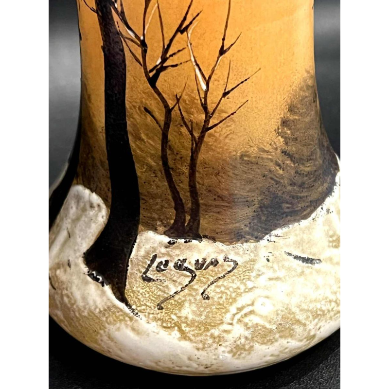 Legras, vase decorated with a winter landscape on a shaded orange background, ca 1900