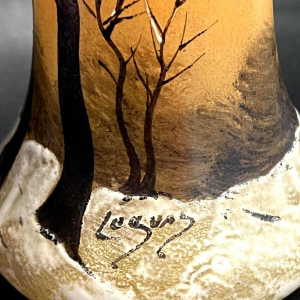 Legras, vase decorated with a winter landscape on a shaded orange background, ca 1900