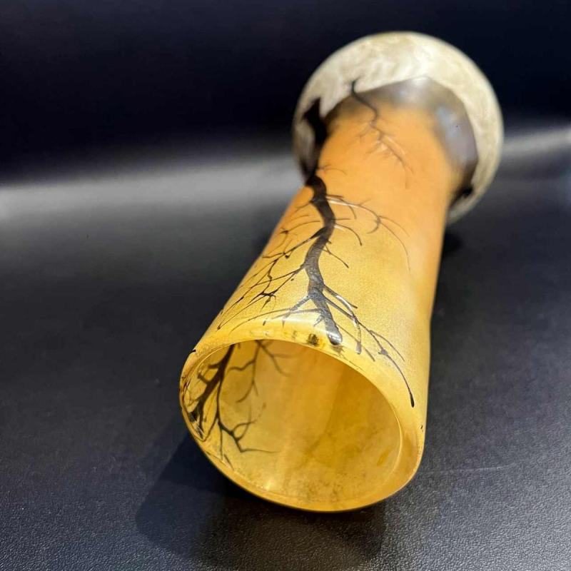 Legras, vase decorated with a winter landscape on a shaded orange background, ca 1900