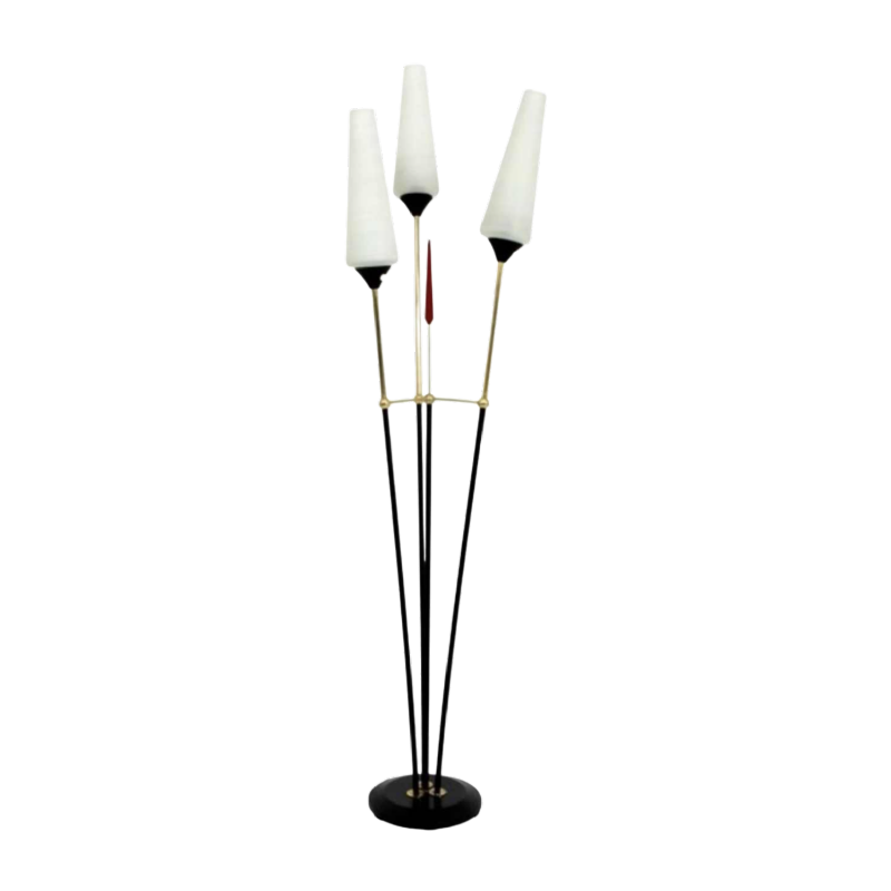 René Mathieu voor Maison Lunel Roseaux staande lamp, gelakt metaal, messing & opaline, ca 1955