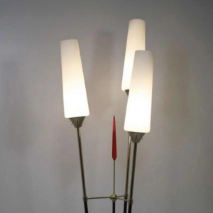 René Mathieu for Maison Lunel Roseaux floor lamp, lacquered metal, brass & opaline, ca 1955