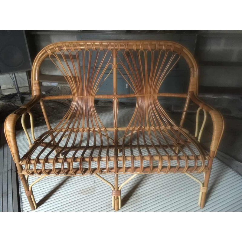 Banquette ou salon 2 places en osier / rotin , circa 1970