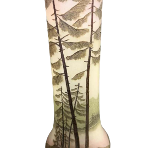 Legras, glass vase decorated with a lake landscape, etched with acid and painted with polychrome enamel