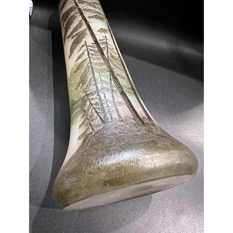 Legras, glass vase decorated with a lake landscape, etched with acid and painted with polychrome enamel