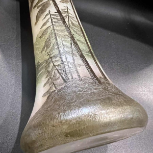 Legras, glass vase decorated with a lake landscape, etched with acid and painted with polychrome enamel