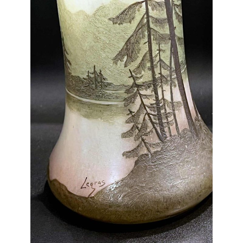 Legras, glass vase decorated with a lake landscape, etched with acid and painted with polychrome enamel