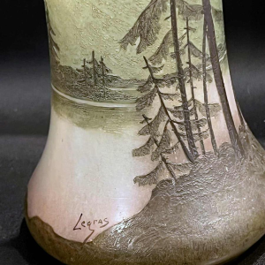 Legras, glass vase decorated with a lake landscape, etched with acid and painted with polychrome enamel