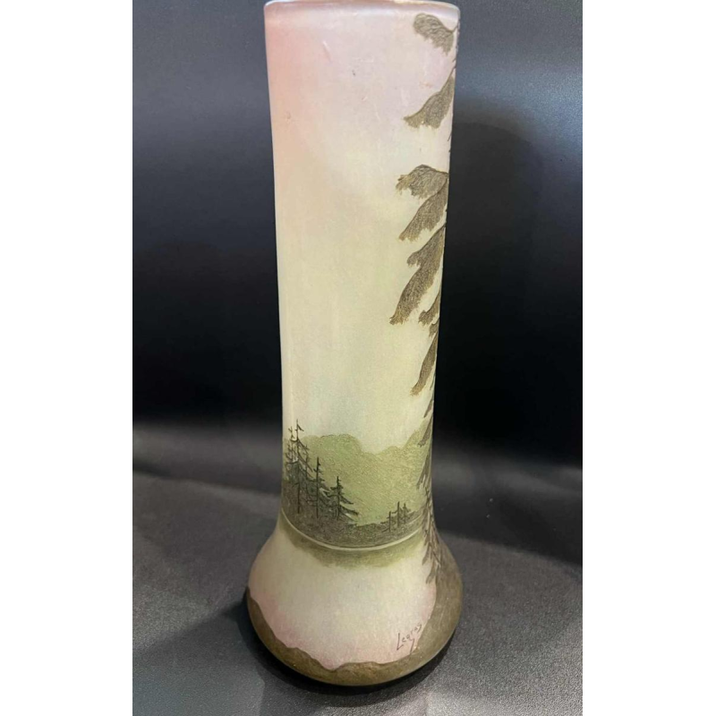 Legras, glass vase decorated with a lake landscape, etched with acid and painted with polychrome enamel