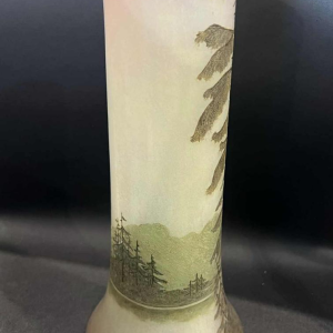 Legras, glass vase decorated with a lake landscape, etched with acid and painted with polychrome enamel
