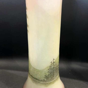 Legras, glass vase decorated with a lake landscape, etched with acid and painted with polychrome enamel