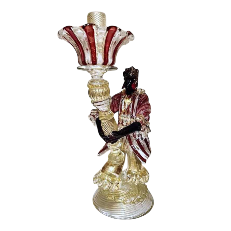 Murano, bougeoir 'Personnage torchère' verre soufflé, inclusions de filigranes et paillettes dor, ca 1950