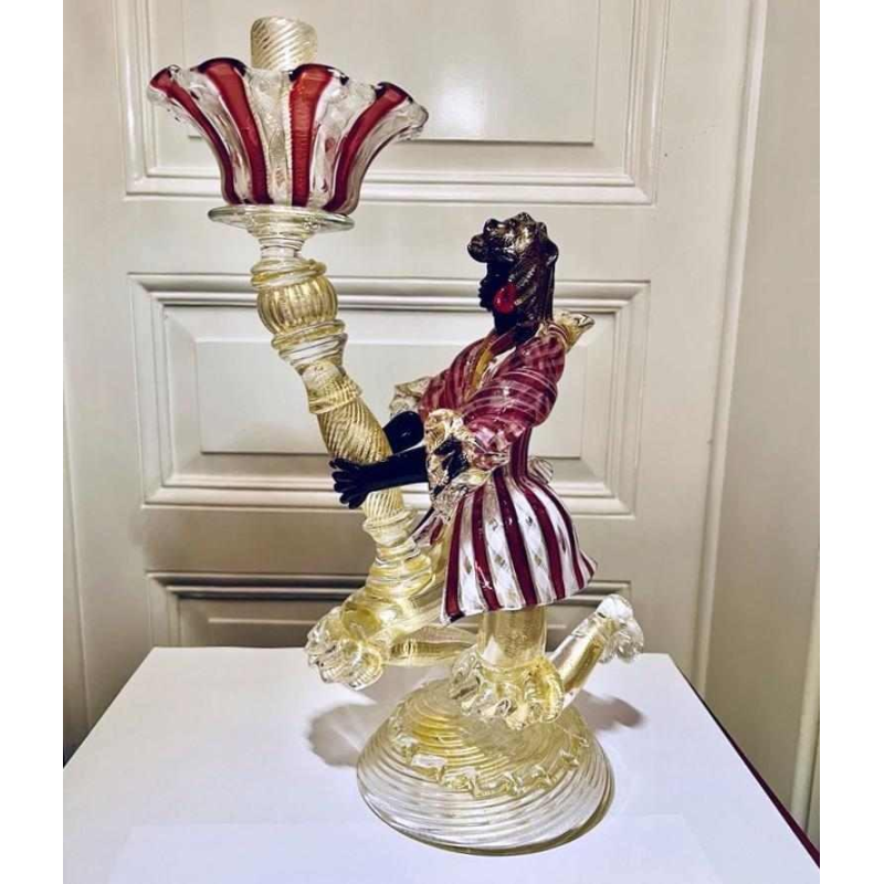 Murano, kandelaar 'Fakkel figuur' geblazen glas, filigraan en gouden vlok insluitsels, ca 1950