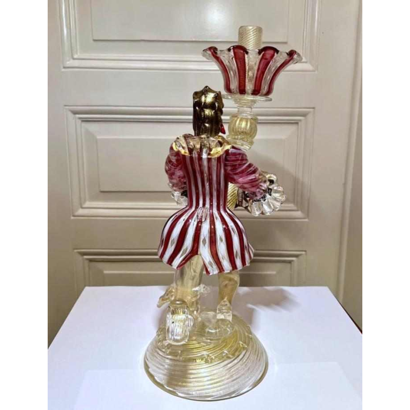 Murano, candlestick 'Torch figure' blown glass, filigree and gold flake inclusions, ca 1950