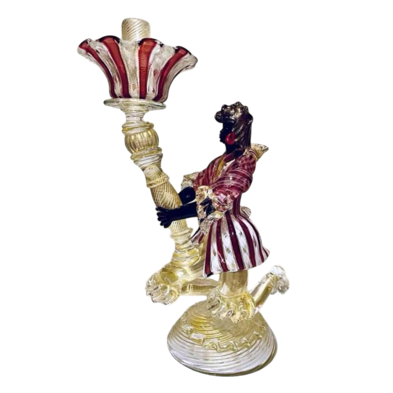 Murano, bougeoir 'Personnage torchère' verre soufflé, inclusions de filigranes et paillettes dor, ca 1950