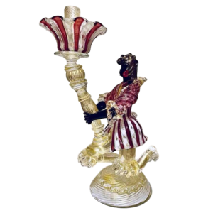 Murano, bougeoir 'Personnage torchère' verre soufflé, inclusions de filigranes et paillettes dor, ca 1950