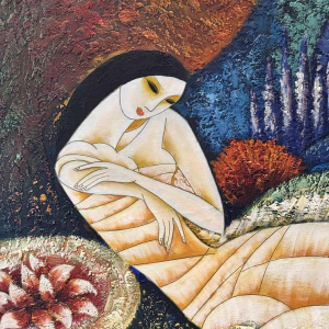 Olieverfschilderij op doek 'Kubistisch naakt', gesigneerd Lulu 2002