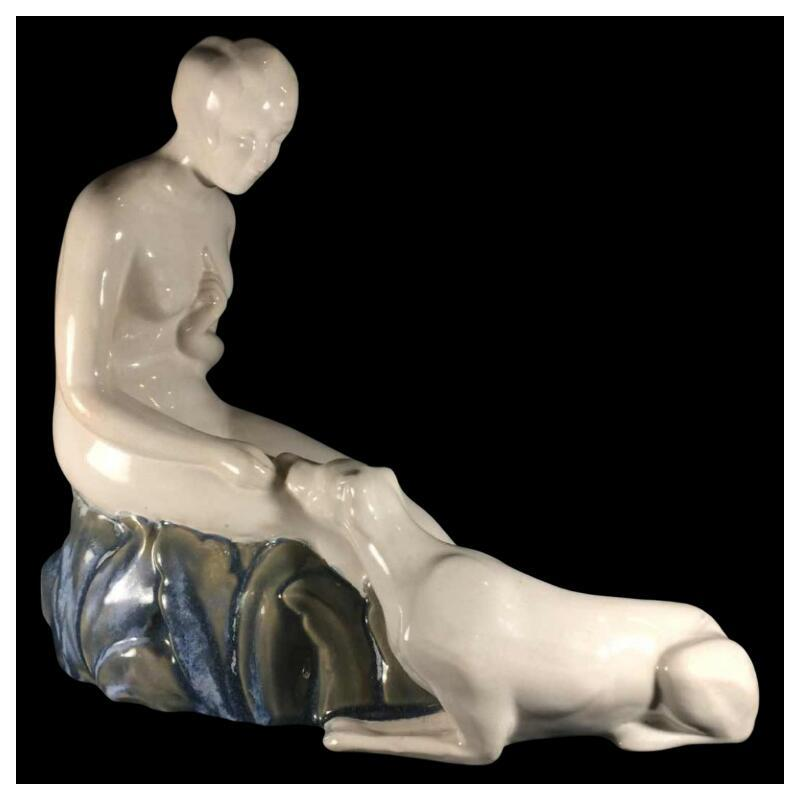 Sculpture céramique faience (craquelé) "femme nue au lévrier" Art Déco - 1930