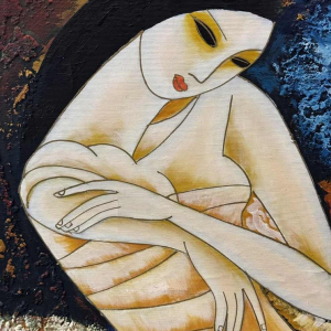 Olieverfschilderij op doek 'Kubistisch naakt', gesigneerd Lulu 2002