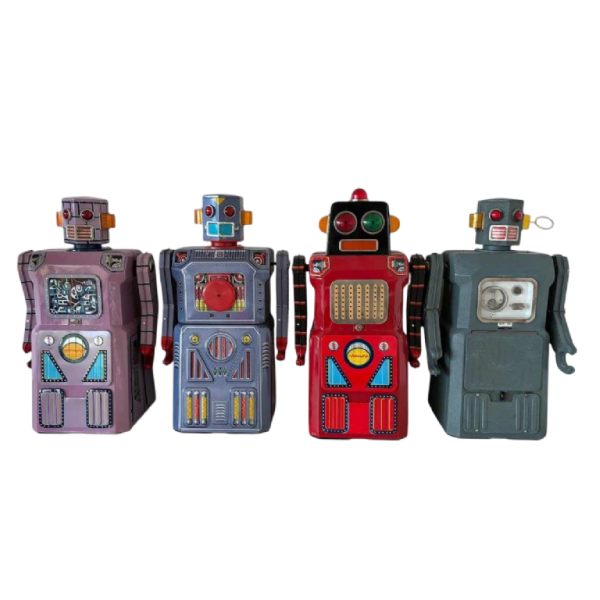 4 Masudaya robots van de "gang of five" Japan, ca 1950/60