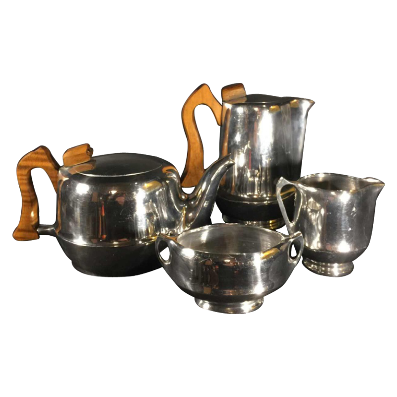 Picquot Ware, Design England Coffee & Tea Set / Service, brushed aluminum 1950