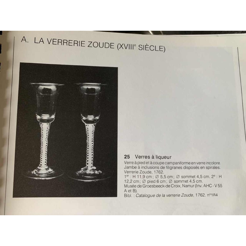 Verreries Zoude 18e eeuw Set van 6 glazen, glas inclusie spiraal filigraan