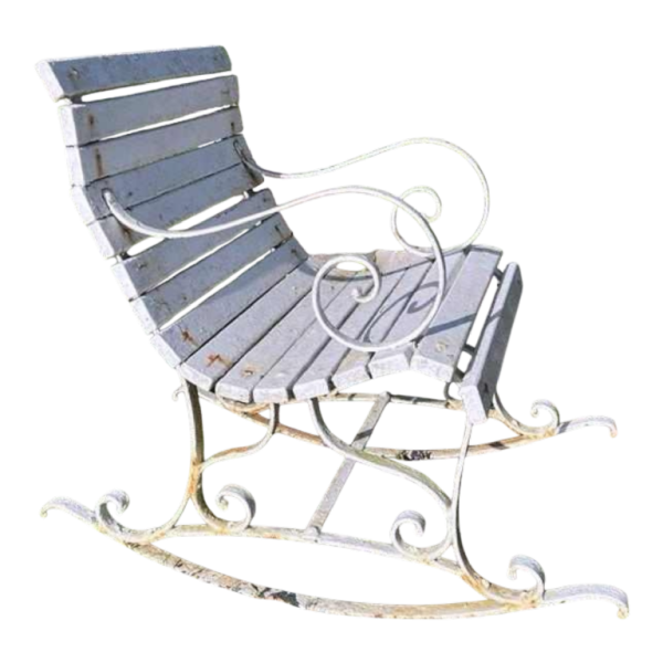 Wrought iron rocking armchair with scrolls, late 19th c