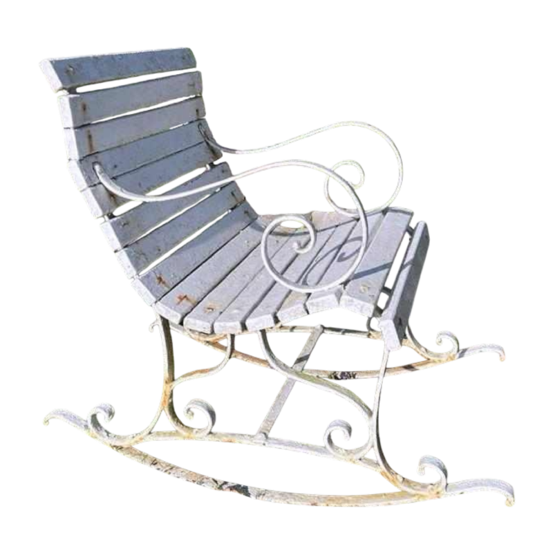 Wrought iron rocking armchair with scrolls, late 19th c