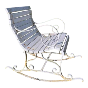 Wrought iron rocking armchair with scrolls, late 19th c