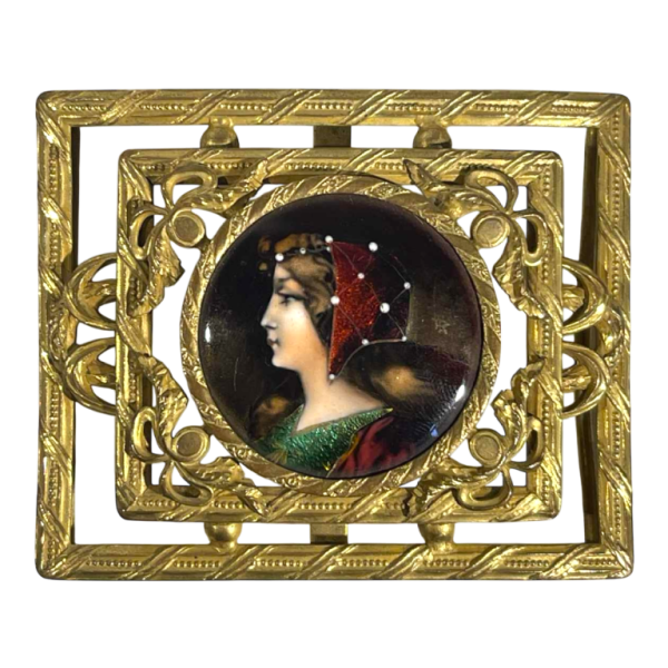 Emaux de Limoges, boucle de ceinture 'portrait de profil de dame' cuivre émaillé & laiton ajouré, ca 1900
