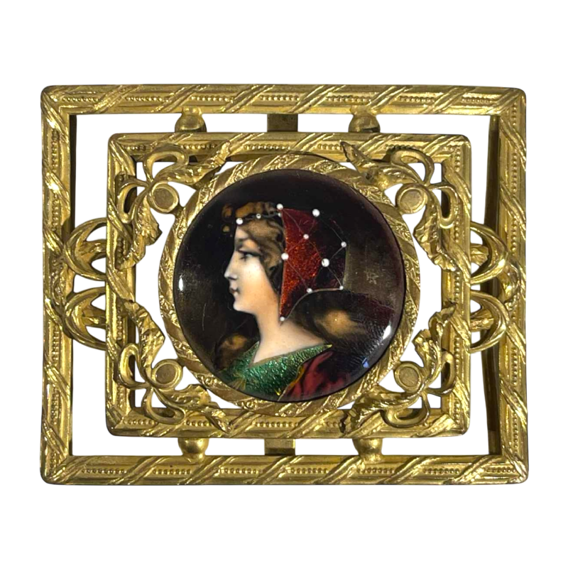 Emaux de Limoges, boucle de ceinture 'portrait de profil de dame' cuivre émaillé & laiton ajouré, ca 1900