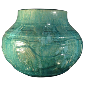 Roger Guérin, rare Art Deco vase with lions, Bouffioulx stoneware, circa 1930