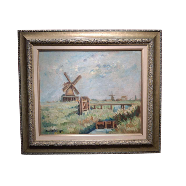 Charles Verbrugghe, Moulins dans un paysage, huile sur toile, début XXe s
