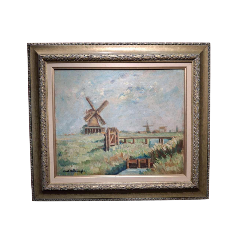 Charles Verbrugghe, Moulins in een landschap, schilderij olieverf op doek, begin 20e eeuw