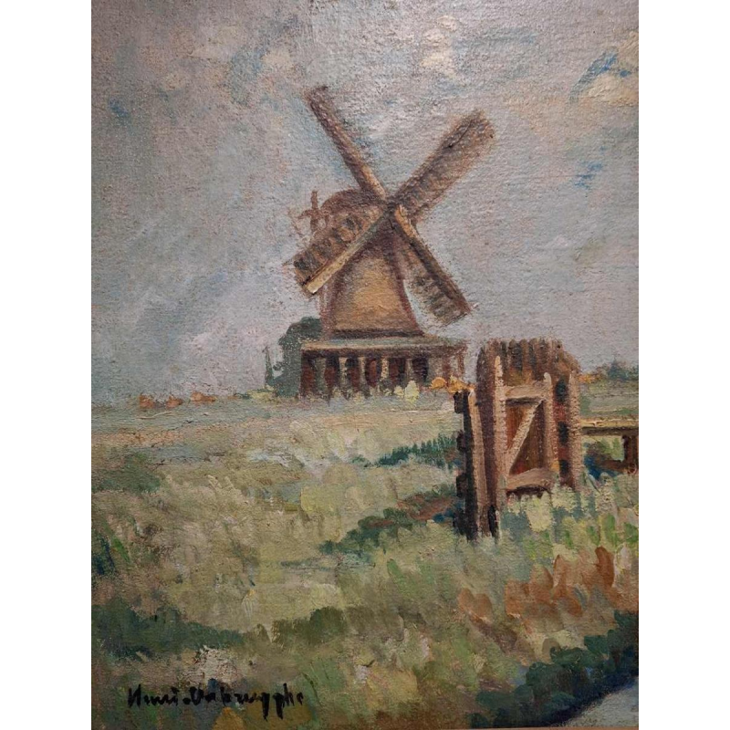 Charles Verbrugghe, Moulins dans un paysage, huile sur toile, début XXe s