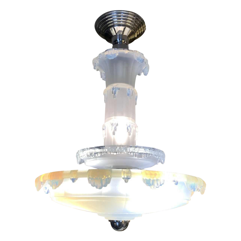 Jean Gauthier voor EZAN zeldzame kroonluchter 'Cascade' opaalglas Art Deco jaren 30