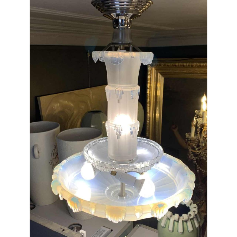 Jean Gauthier pour EZAN Rare Lustre ' Cascade ' Verre Opalescent Art Déco 1930s