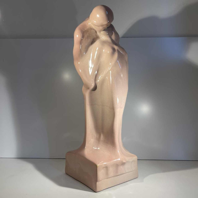 CRIS AGTERBERG / ROGER GUERIN 'The Kiss' sculpture, embracing couple, Art Deco cracked ceramic, Bouffioulx ca. 1940
