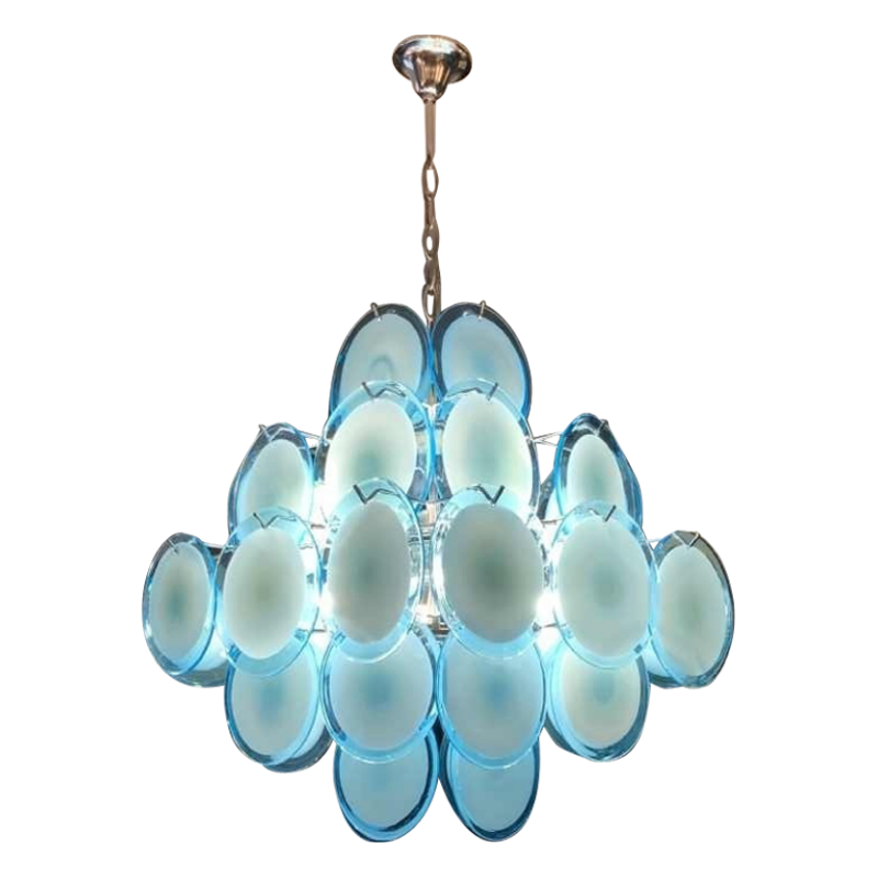 Gino Vistosi (Murano), blauwe design kroonluchter, 36 glazen schijfplaten, 1960