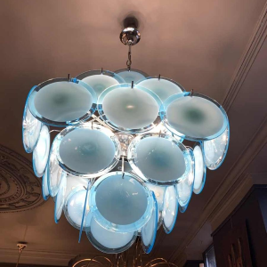 Gino Vistosi (Murano), Lustre Design bleu, 36 plaques disques verre, circa 1960