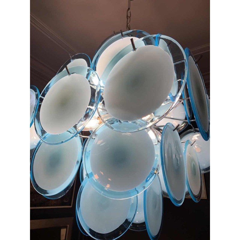 Gino Vistosi (Murano), Lustre Design bleu, 36 plaques disques verre, circa 1960