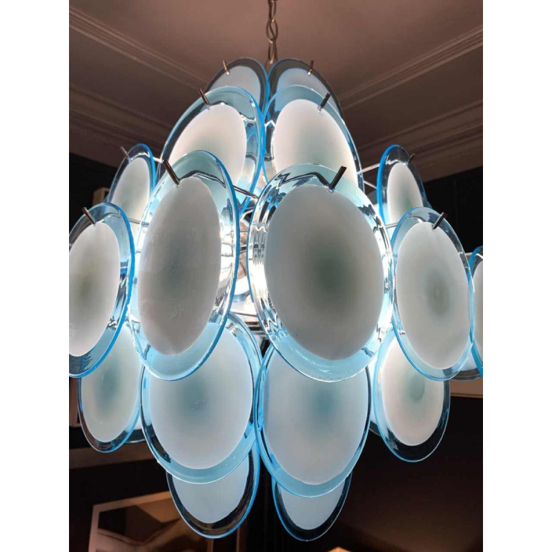 Gino Vistosi (Murano), blauwe design kroonluchter, 36 glazen schijfplaten, 1960