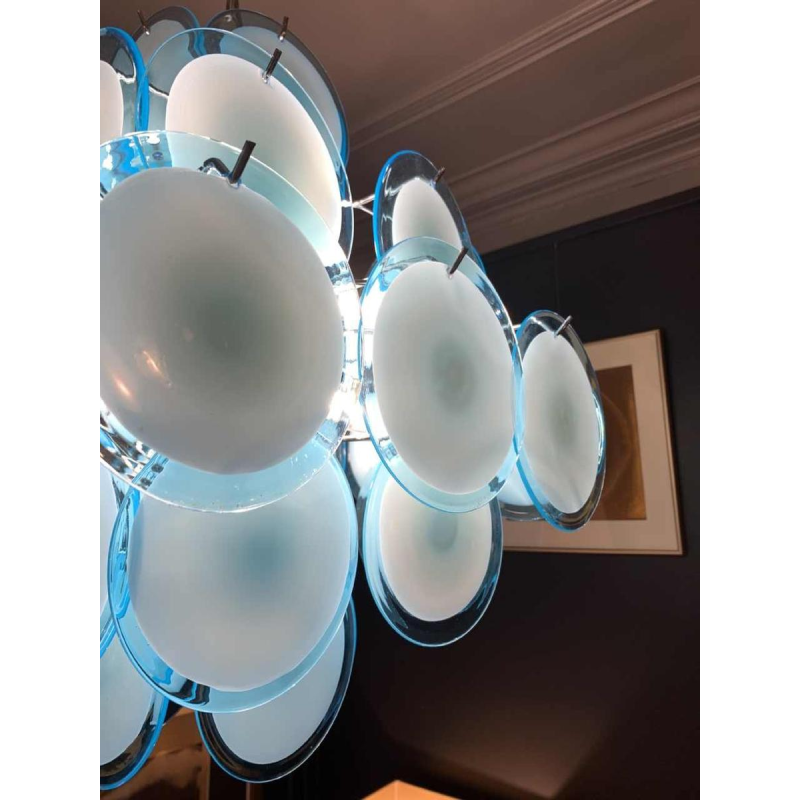 Gino Vistosi (Murano), Lustre Design bleu, 36 plaques disques verre, circa 1960